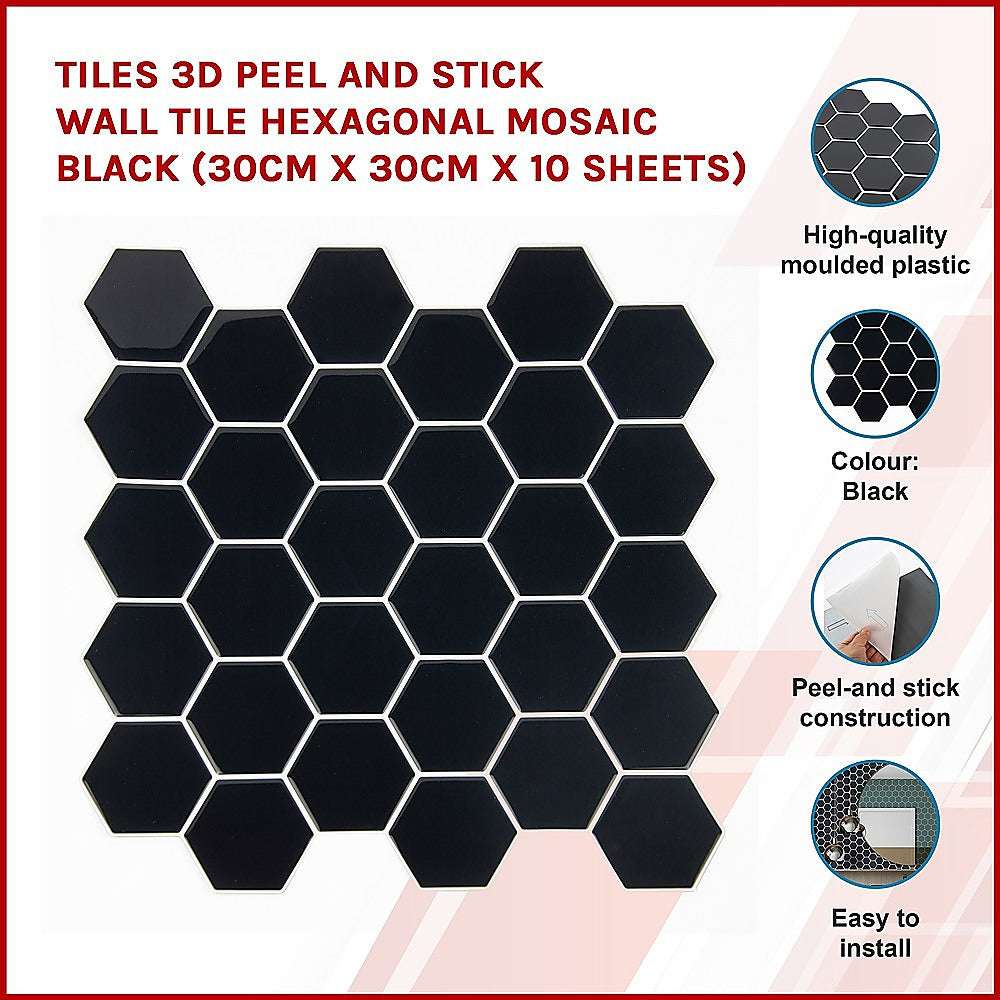 Stick Wall Tile Hexagonal Mosaic Black 10 Sheets