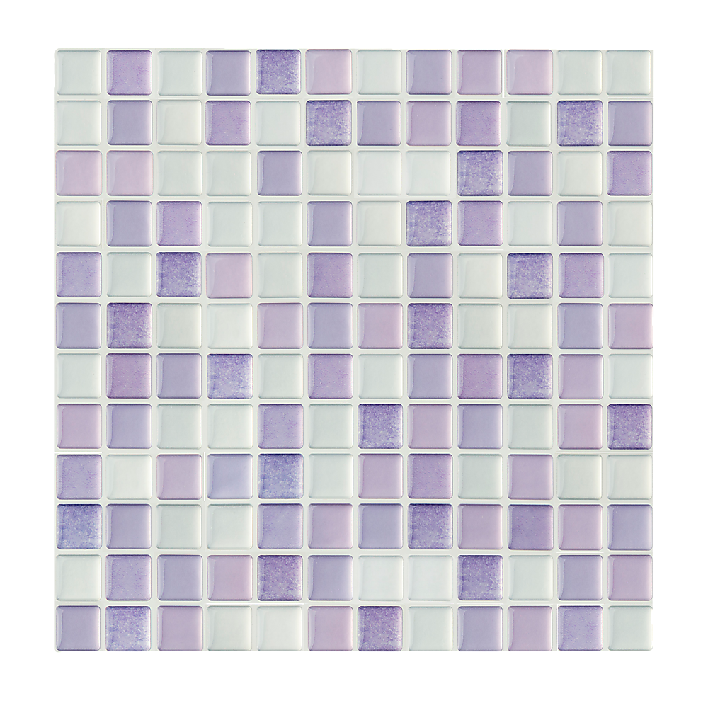 3D crystal mosaic peel-and-stick wall tile sheet with pastel lavender and pale blue square tiles