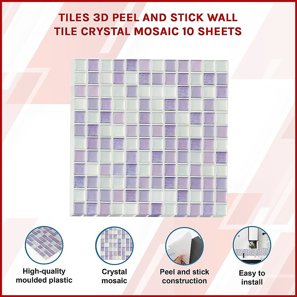 Crystal mosaic peel-and-stick wall tile sheet with lilac and pale blue square pattern