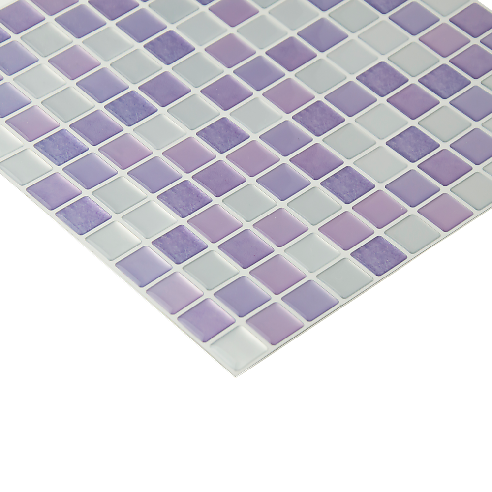 Corner view of 3D crystal mosaic wall tiles in pale blue and lilac with raised texture