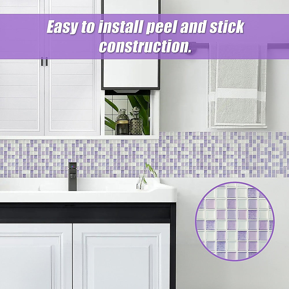 Peel-and-stick mosaic wall tile strip in lavender and pale blue behind a white sink
