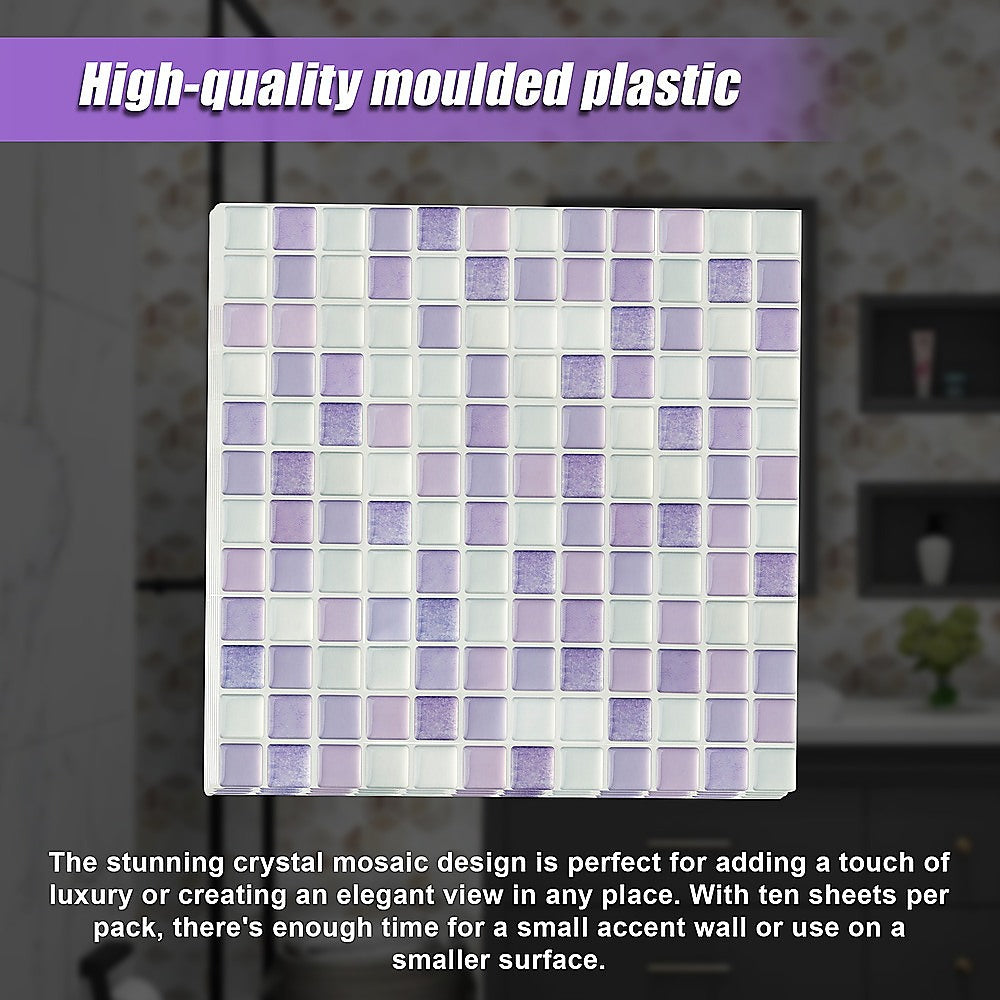 Crystal mosaic wall tile sheet made of molded plastic with lilac and pale blue square tiles