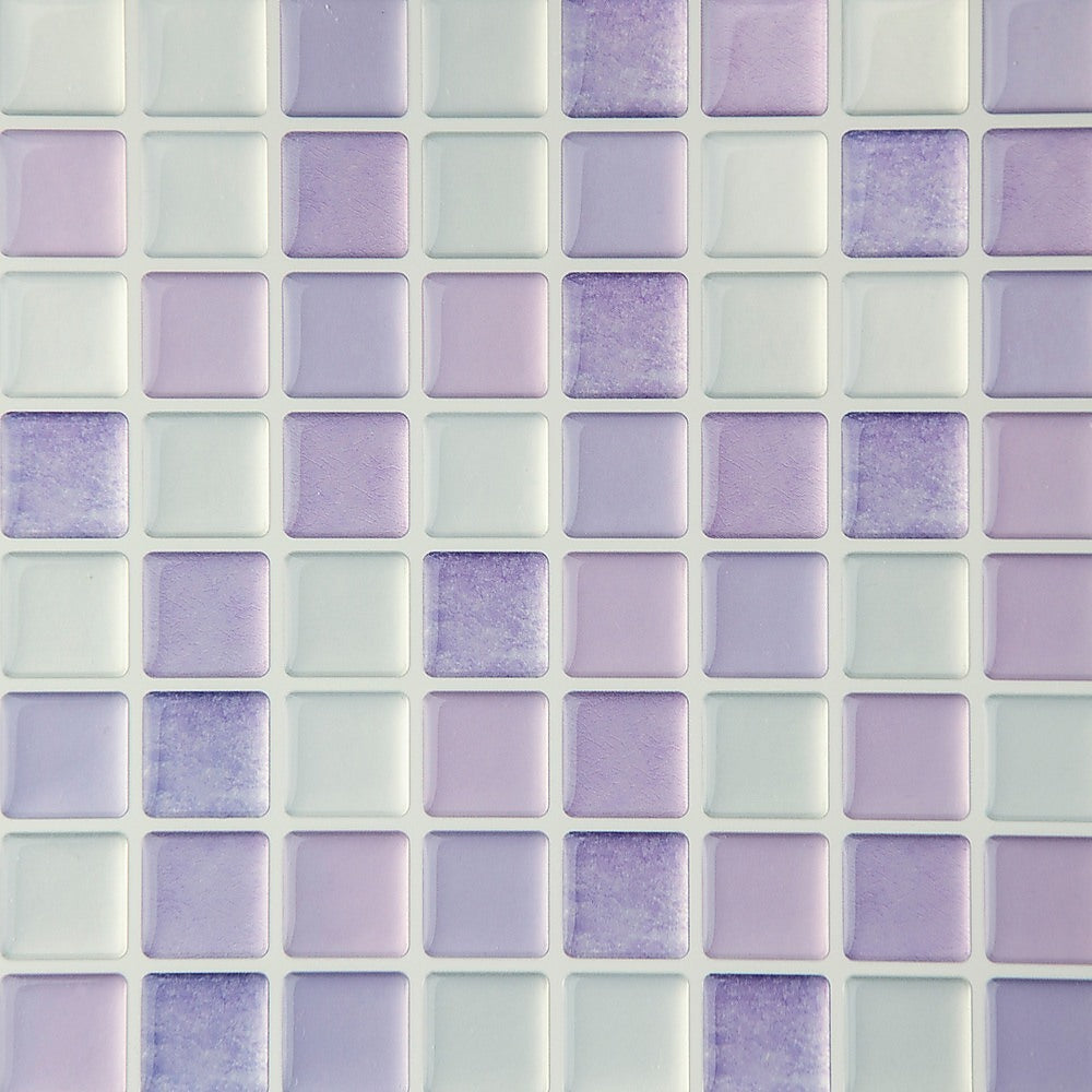 Close-up of crystal mosaic wall tiles with pale blue and purple raised square pieces