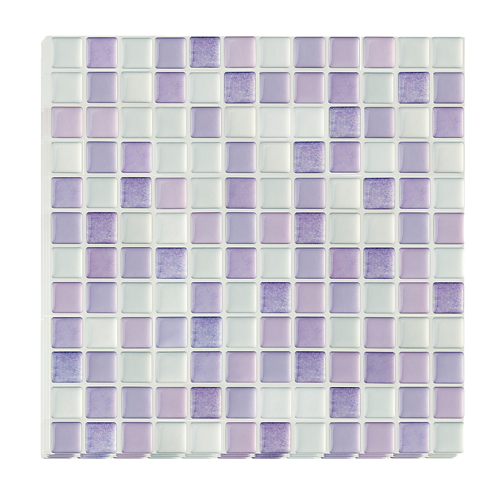 Crystal mosaic peel-and-stick wall tile sheet with pastel lilac, lavender, and pale blue squares
