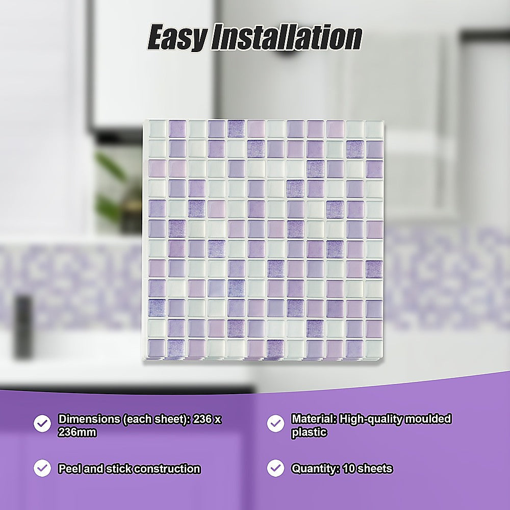 Small crystal mosaic wall tile sheet with pastel lavender and pale blue square pattern