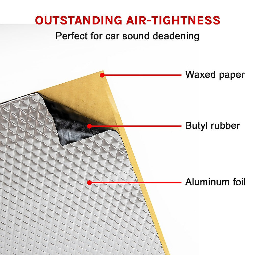 Sound deadener mat layers: waxed paper, butyl rubber, aluminum foil