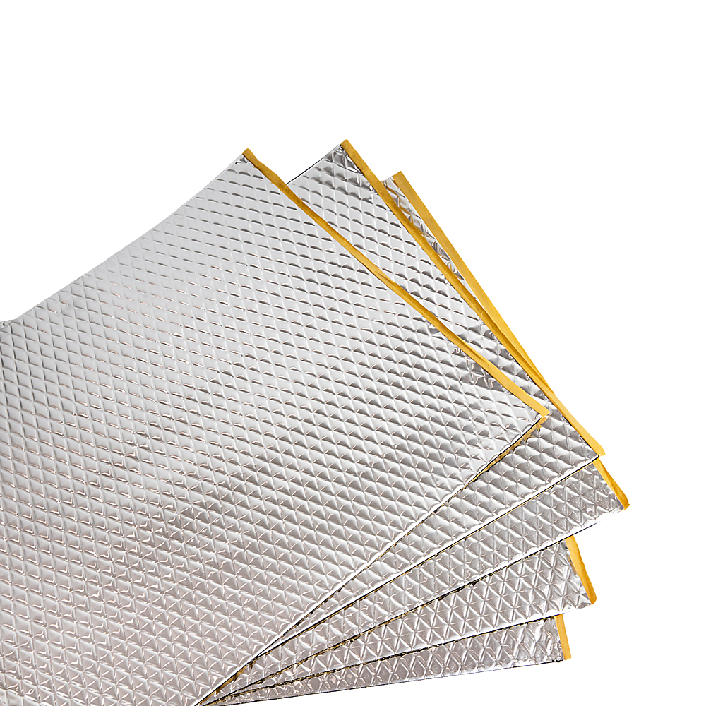 Car sound deadener mat with silver diamond-pattern foil and yellow backing