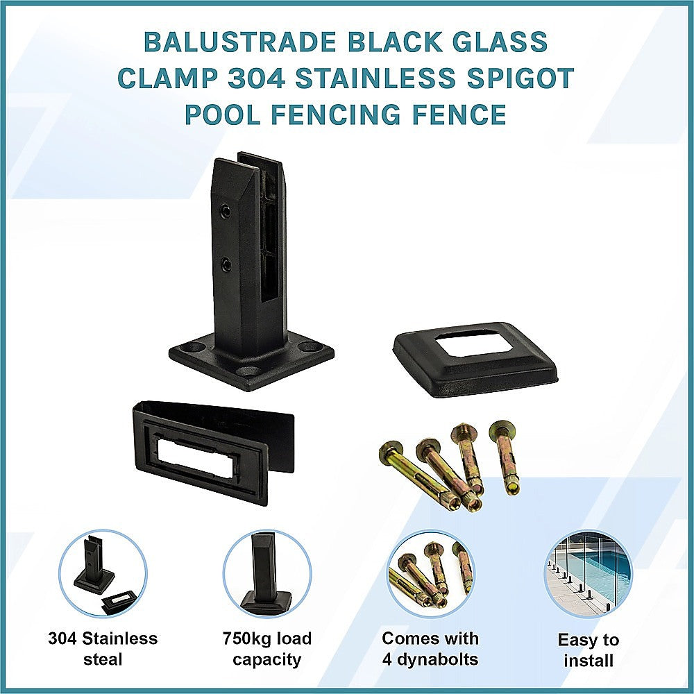Balustrade Black Glass Clamp 304 Stainless Spigot Pool Fencing Fence