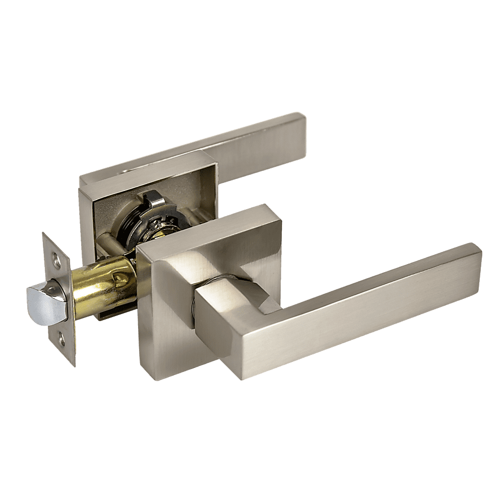 Door Handle Set Lever Passage Function Square Satin Nickel