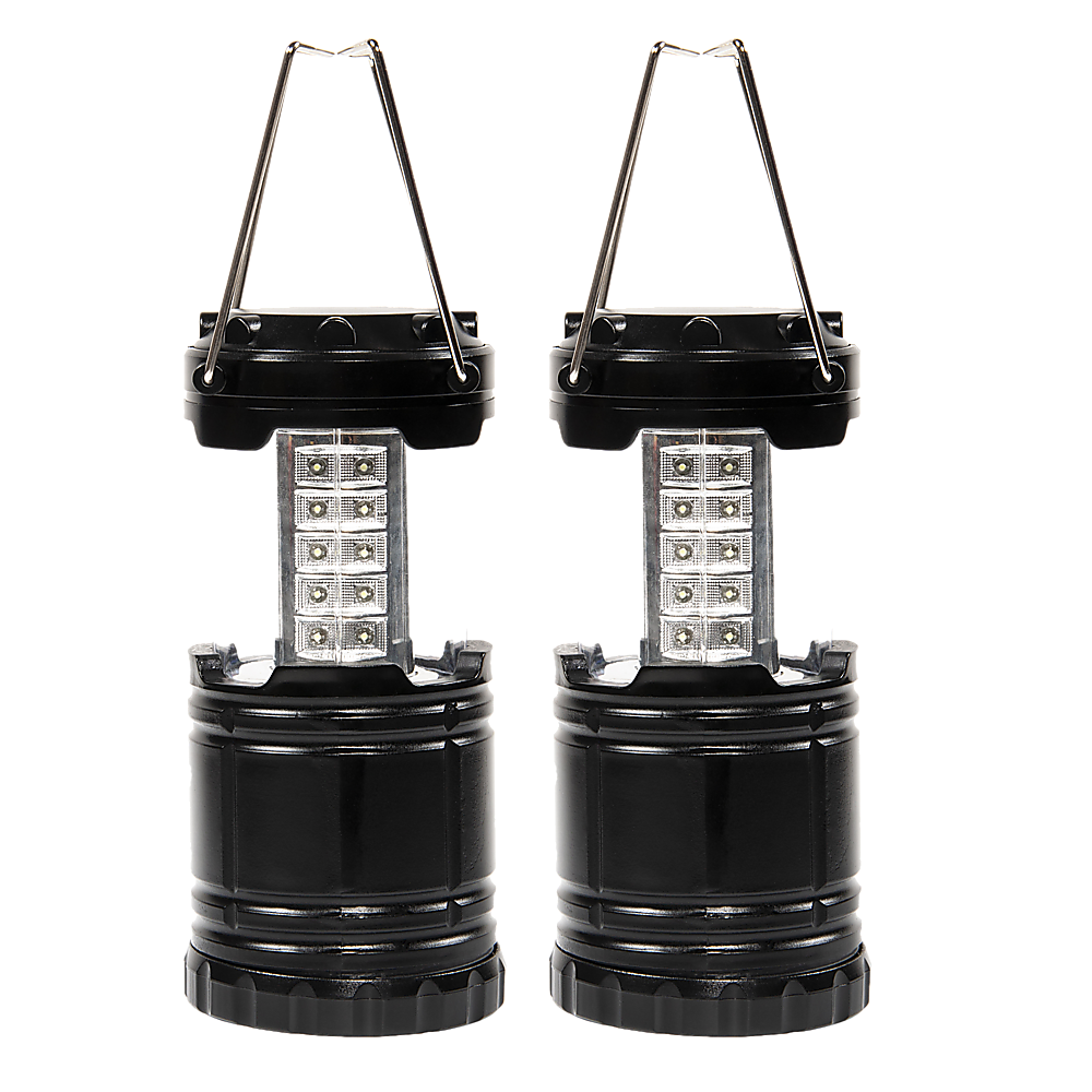 LED camping lanterns, 2-pack, black base with hanging top and clear light panel