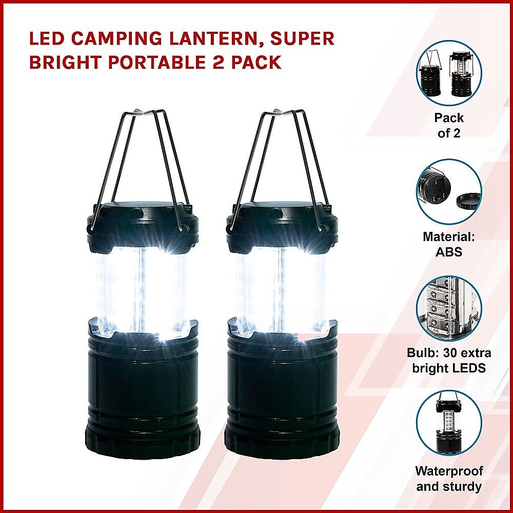 LED camping lantern 2-pack shown with bright white LEDs in clear housing
