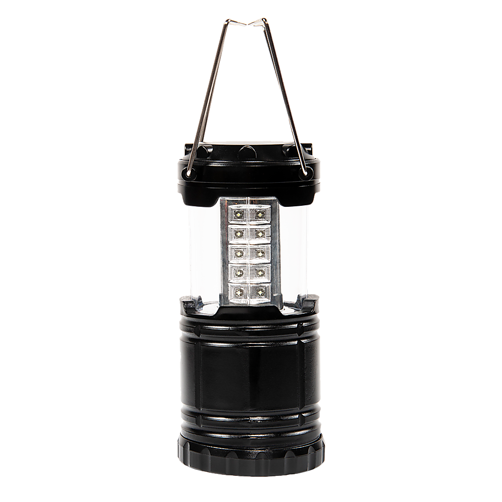 LED camping lantern with clear light chamber, black base, and metal carrying handle