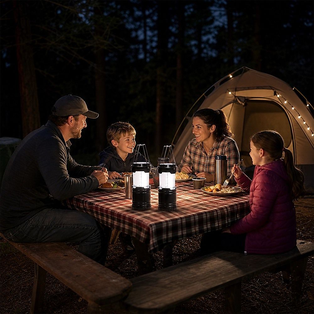 LED camping lanterns on picnic table, black canister with hanging handle frame