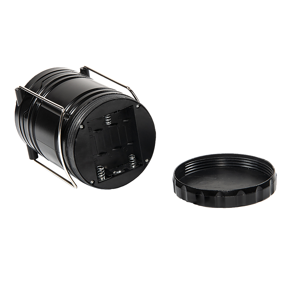 LED camping lantern with base and open top cover, black body and carry handle frame