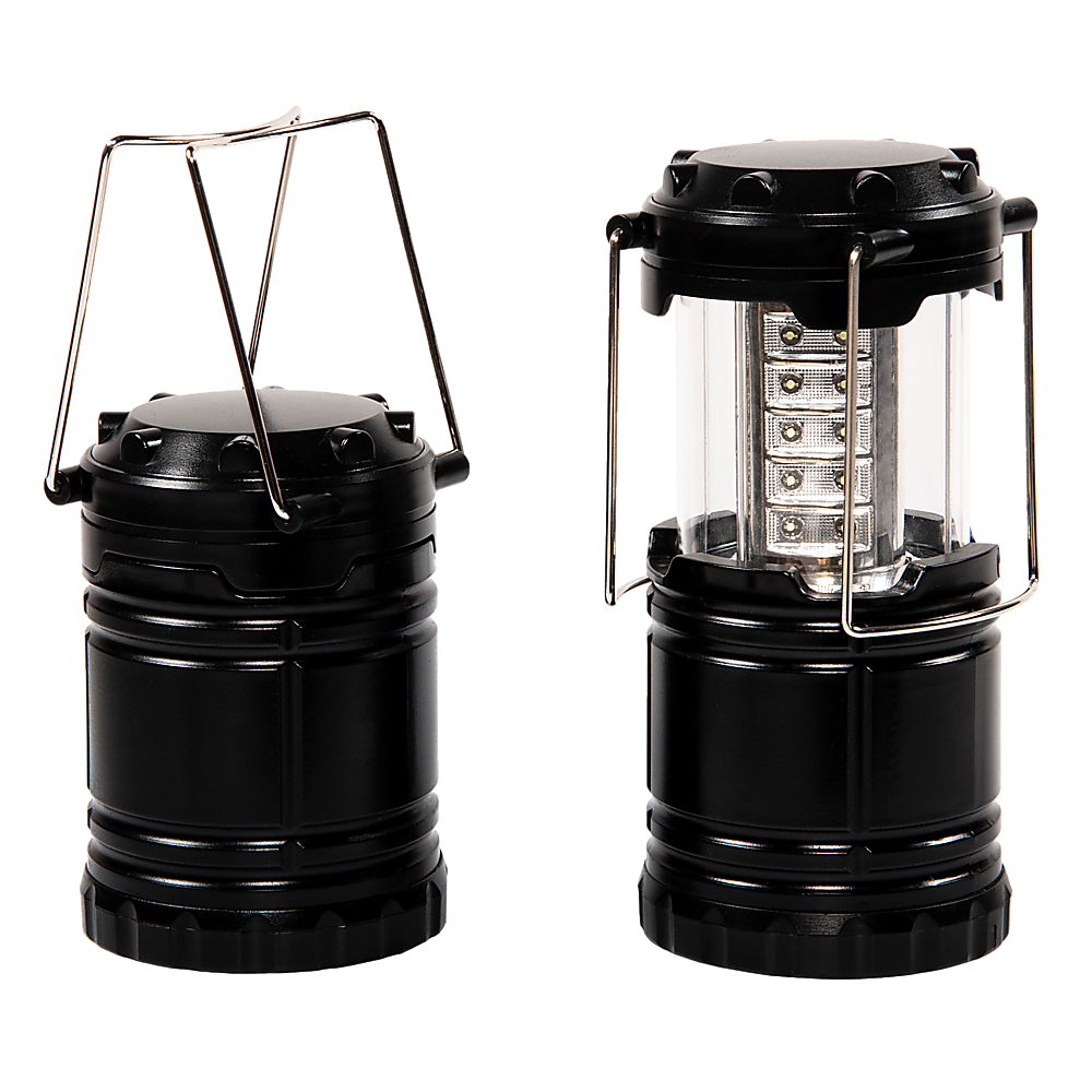 LED camping lantern pair, black canister bodies with clear LED housings and top handles