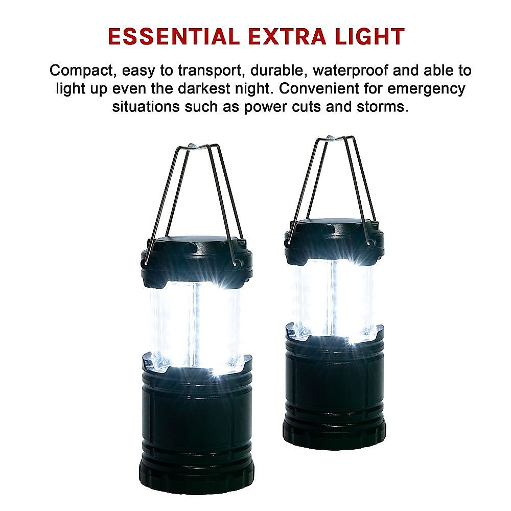 LED camping lantern set with lit white LEDs in clear housing, black base