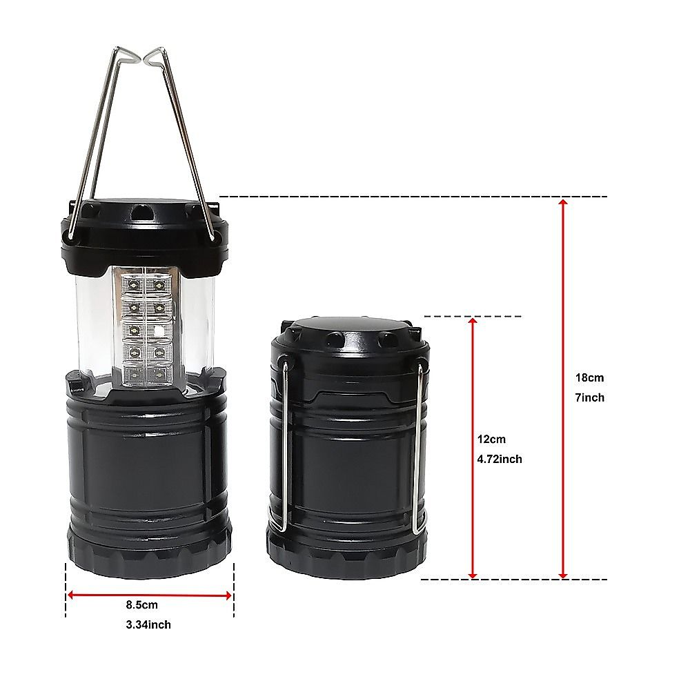 LED camping lantern pair with size diagram, black bodies and clear LED lamp chambers