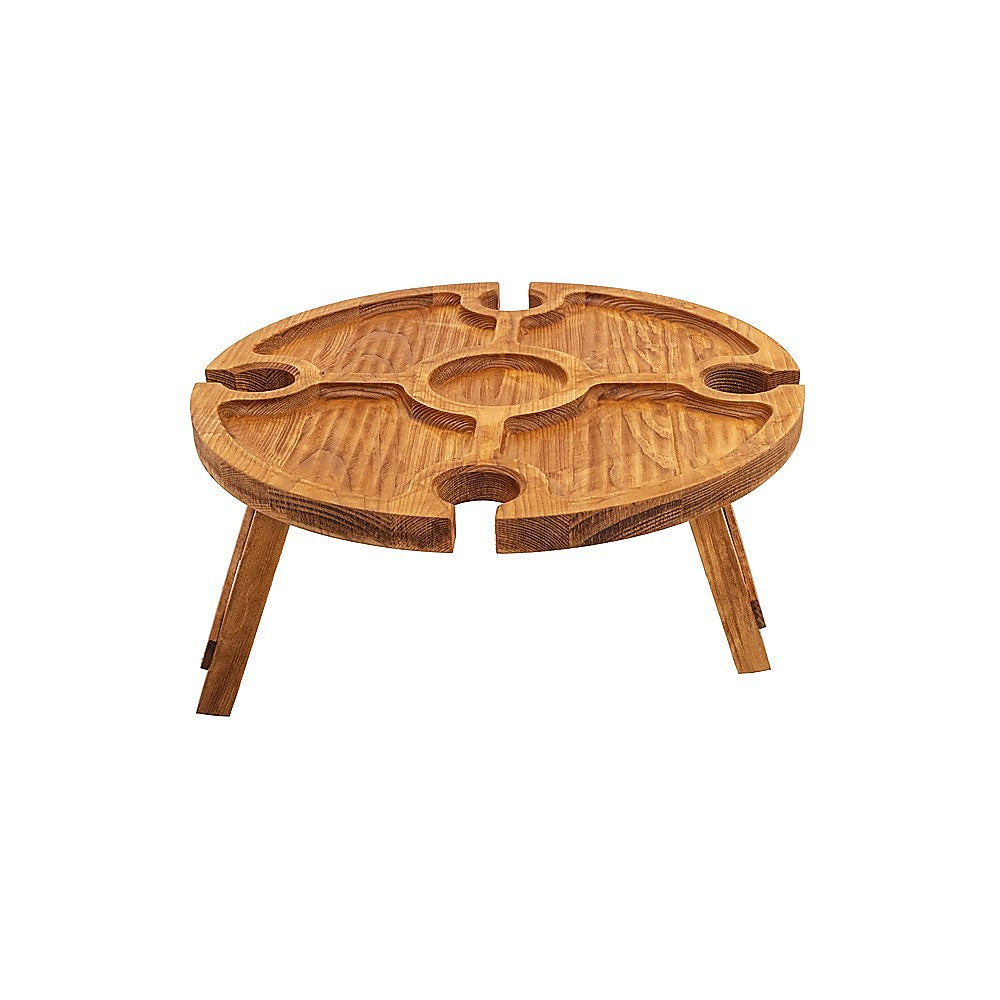 Wooden folding mini wine rack picnic table with round rotating top and bottle slots