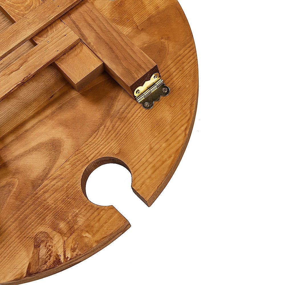 Wooden folding wine rack picnic table hinge and locking hardware on round tray