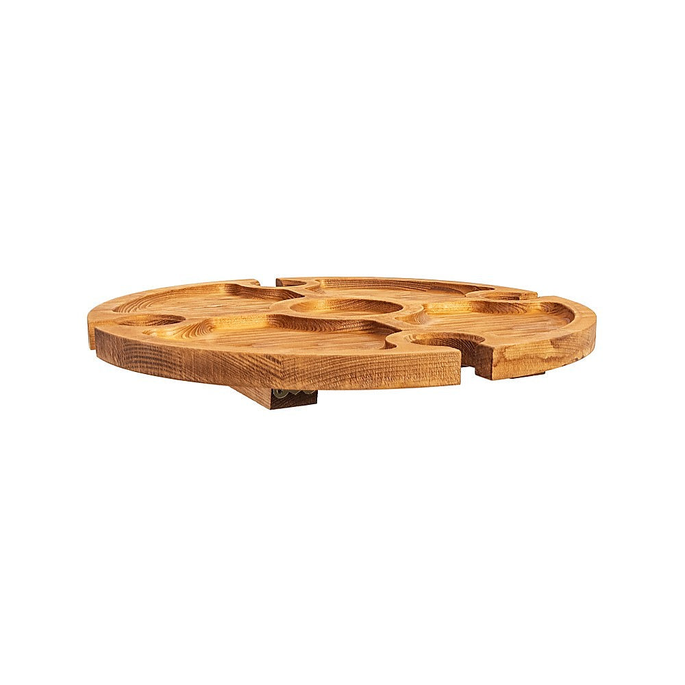 Wooden round folding wine rack picnic table top with multiple compartments and central recess