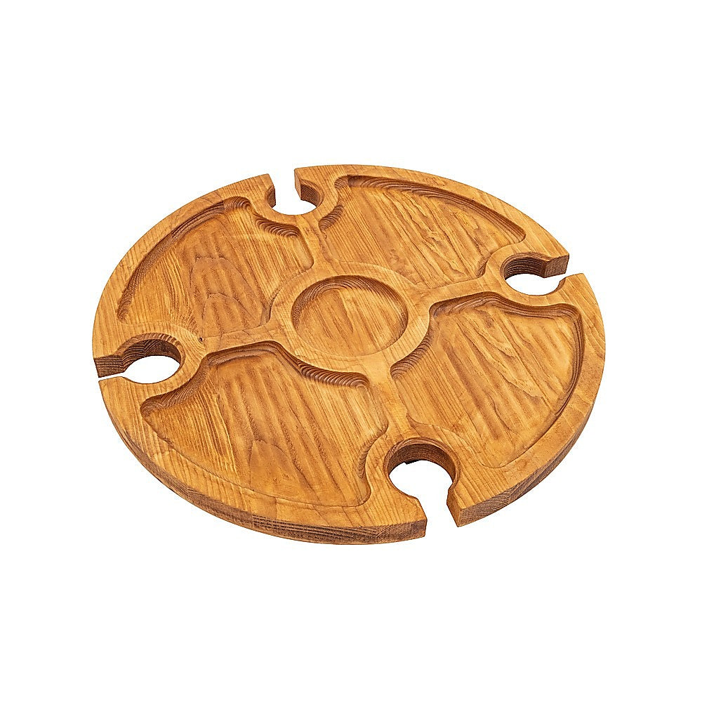 Wooden round wine rack picnic table top with cutout holders and three folding legs