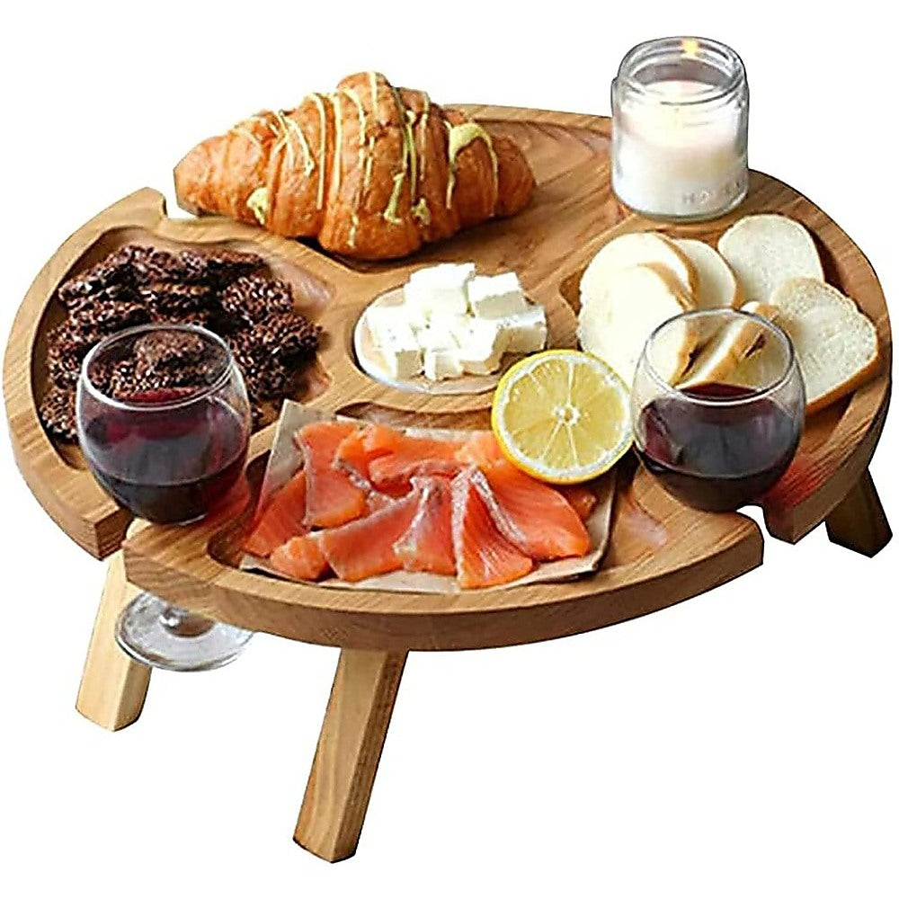 Wooden round serving tray with bottle wells and side slots for drinks and food