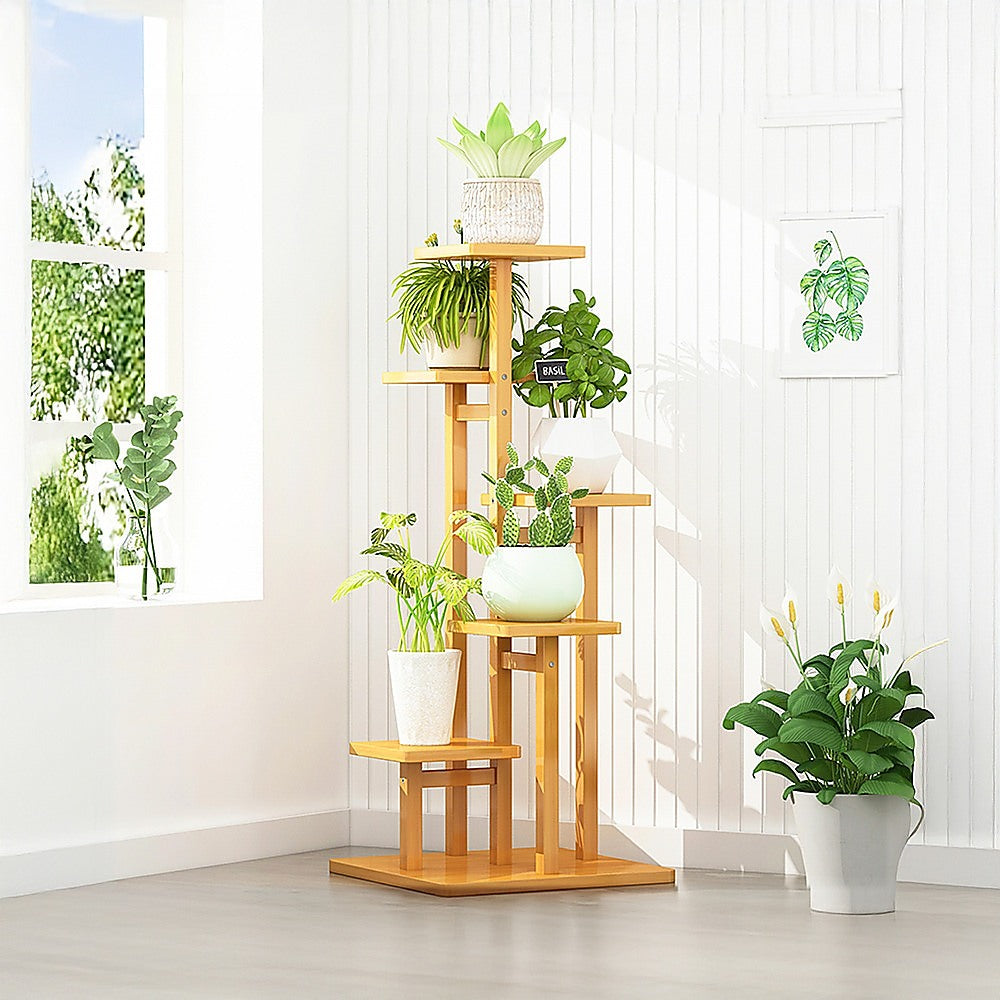 5 Tiers Vertical Bamboo Plant Stand Staged Flower Shelf Rack Outdoor Garden