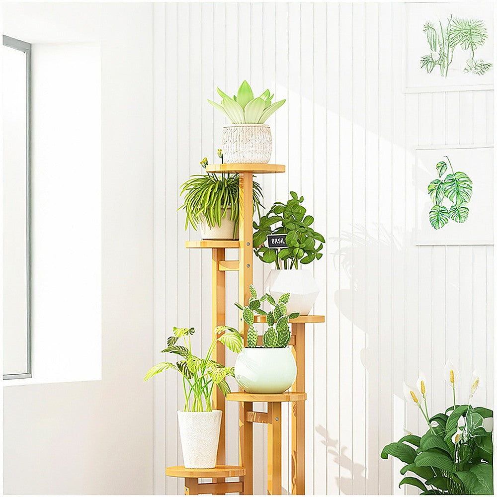 5 Tiers Vertical Bamboo Plant Stand Staged Flower Shelf Rack Outdoor Garden