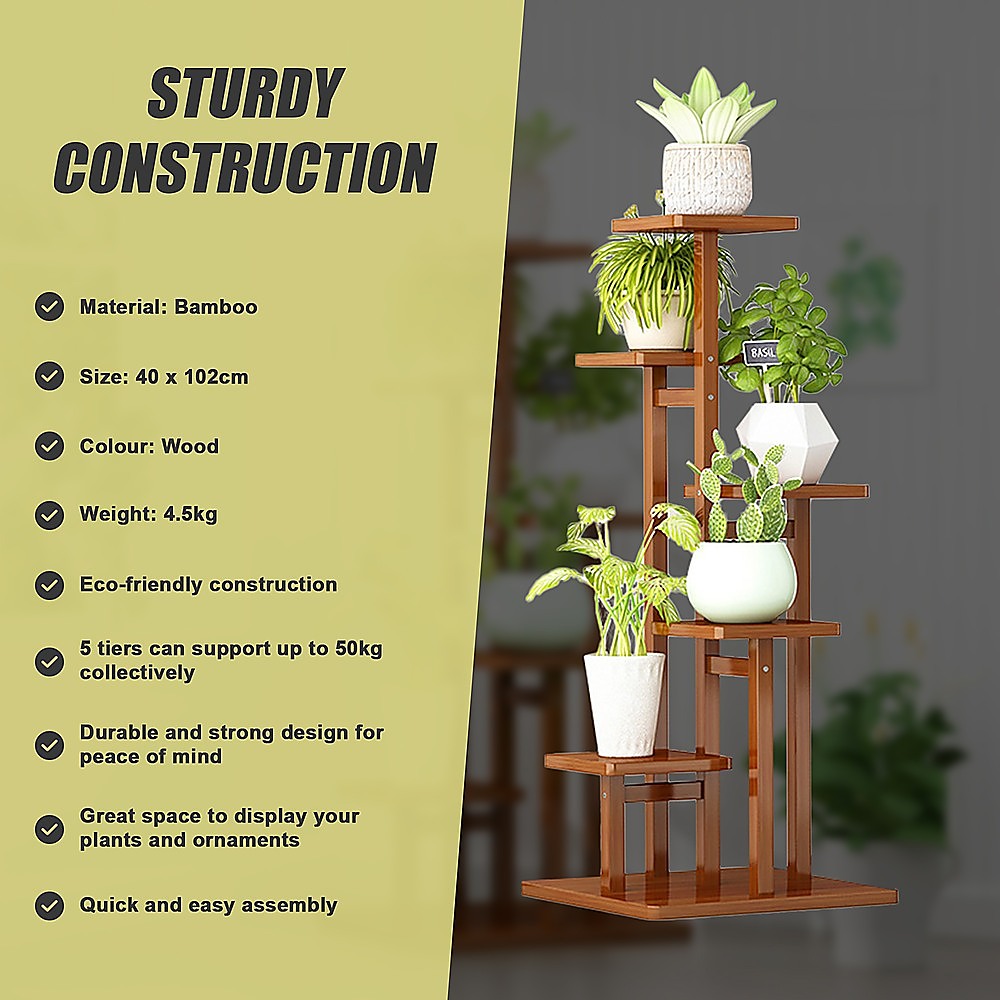 5 Tiers Vertical Bamboo Plant Stand Staged Flower Shelf Rack Outdoor Garden