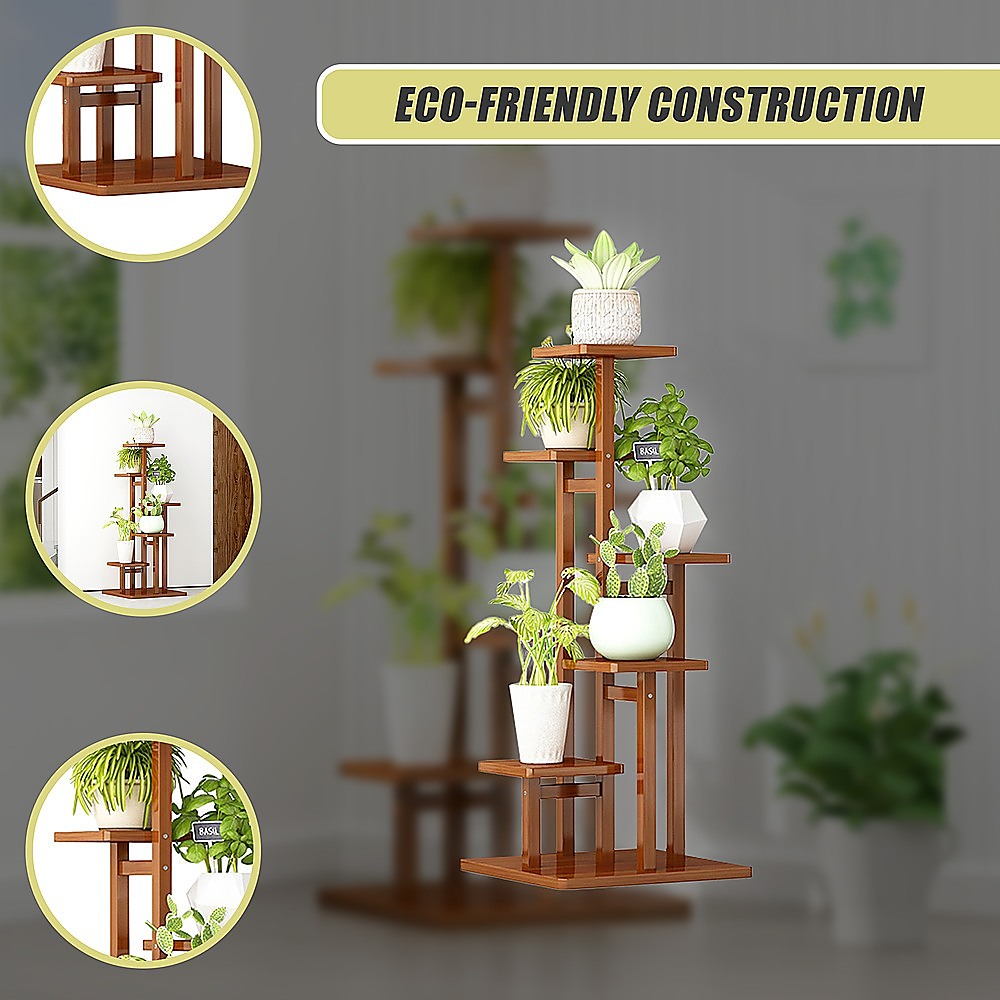 5 Tiers Vertical Bamboo Plant Stand Staged Flower Shelf Rack Outdoor Garden