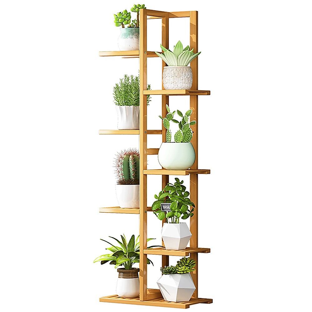 6-tier vertical bamboo plant stand with multiple shelf levels for potted plants