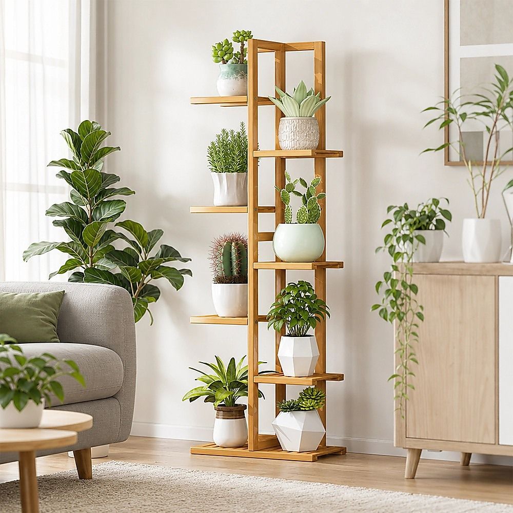 Bamboo 6-tier plant stand with open shelves for displaying potted greenery