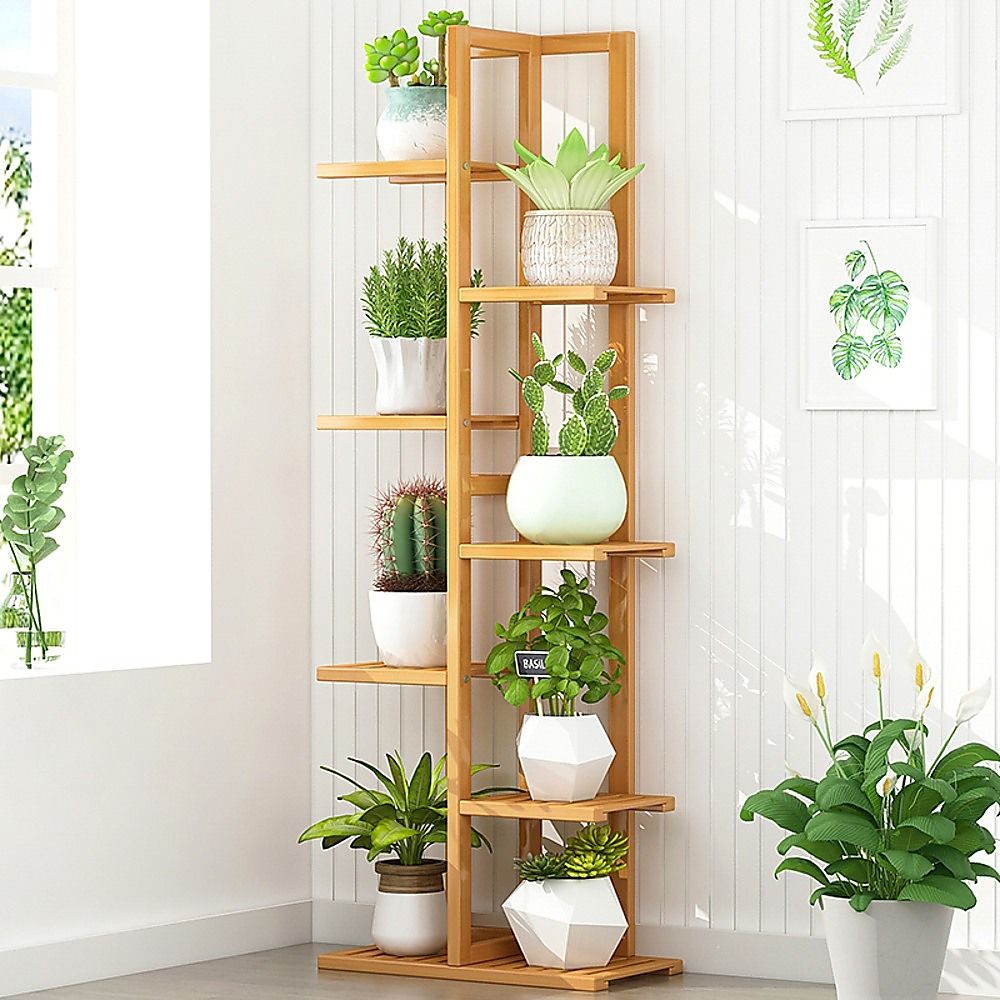 Tall bamboo 6-tier plant stand holding stacked pots on tiered wooden shelves
