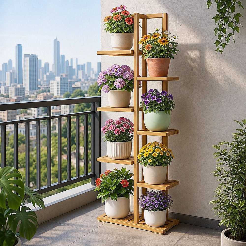 Outdoor bamboo plant shelf rack with six tiers for flowers and potted plants