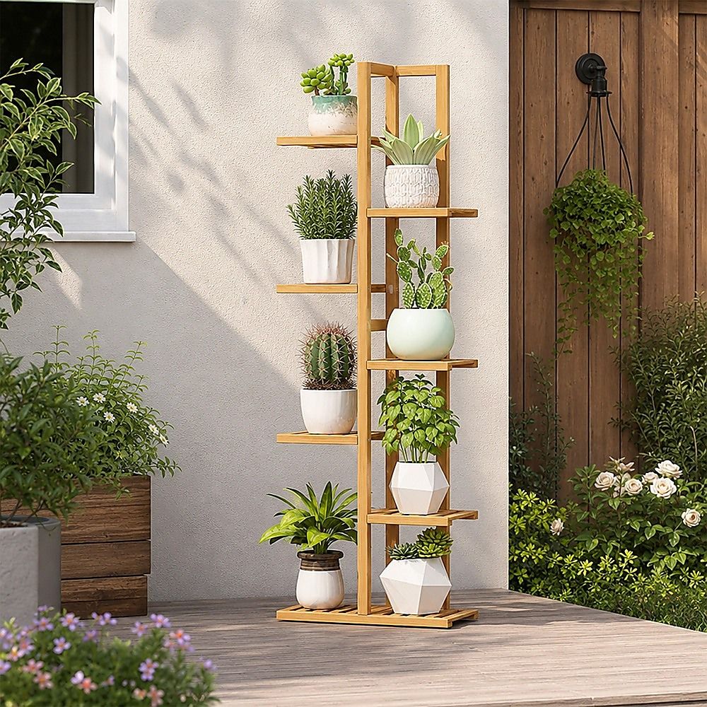 Bamboo 6-tier vertical plant stand with tiered ledges for small planters