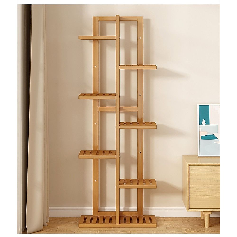 Bamboo 6-tier plant stand in unassembled side view showing frame and shelves