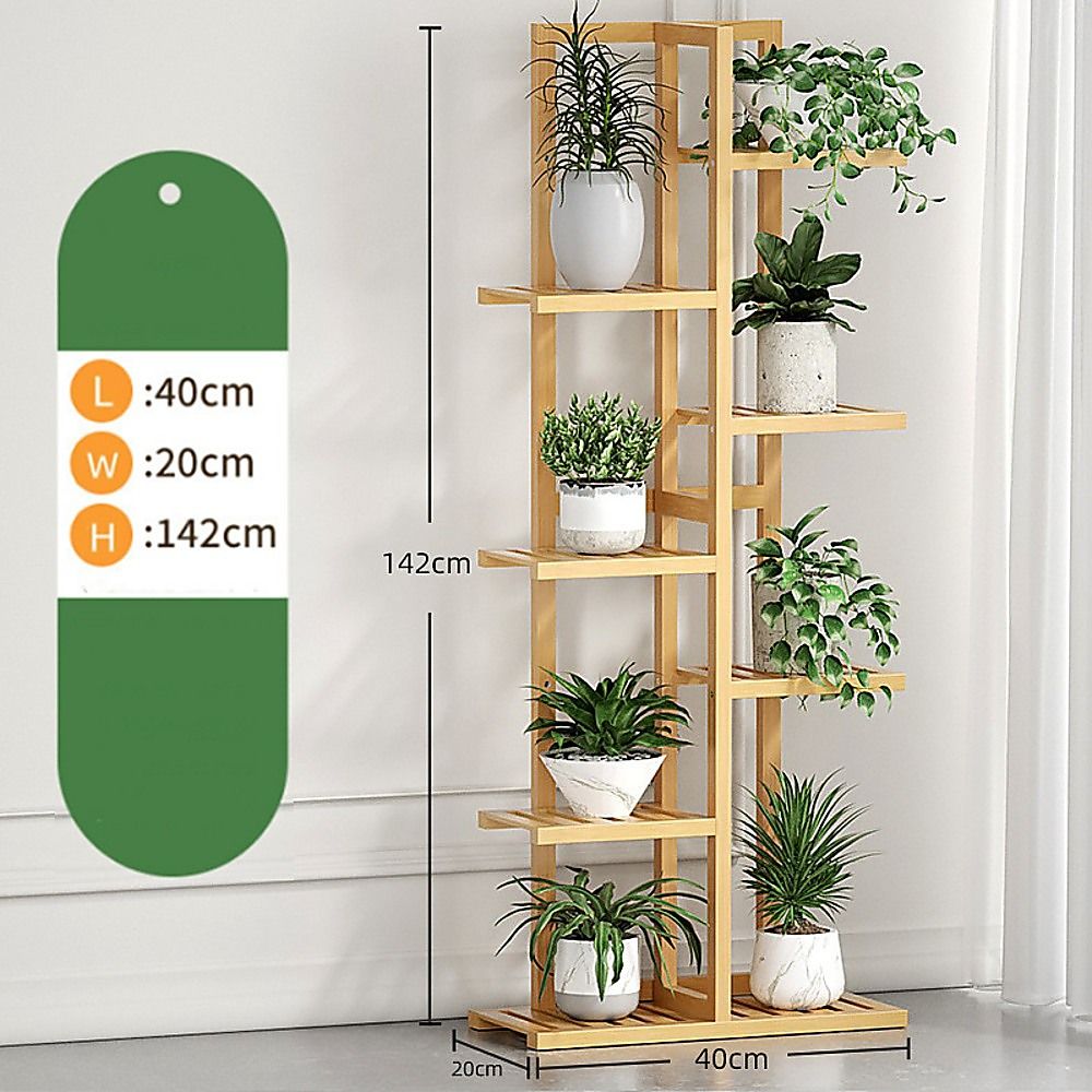 Bamboo 6-tier plant stand dimensions shown: 40cm width, 20cm depth, 142cm height