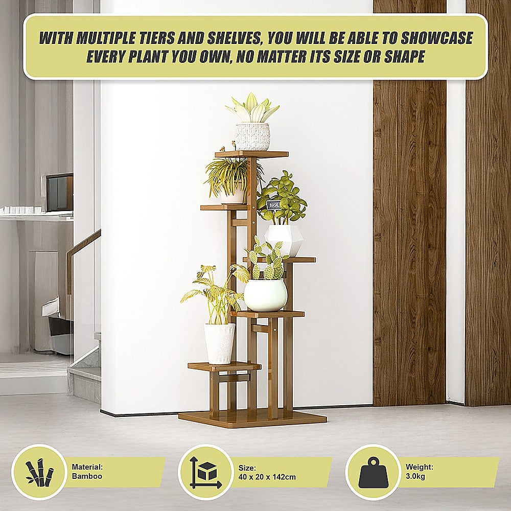 6 Tiers Vertical Bamboo Plant Stand Staged Flower Shelf Rack Outdoor Garden