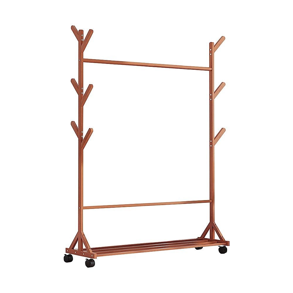 Bamboo portable clothes rack with two hanging bars and caster wheels