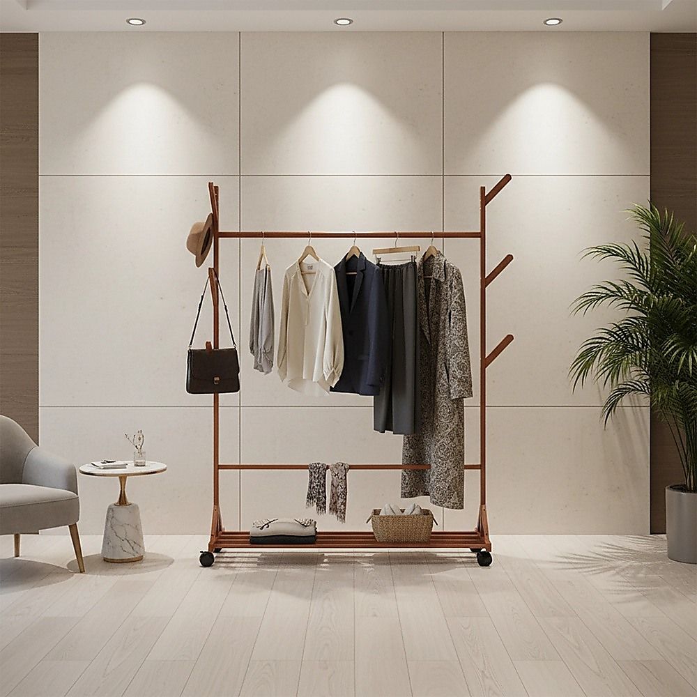 Bamboo clothes rack with hanging shirts, side bags, and bottom storage shelf