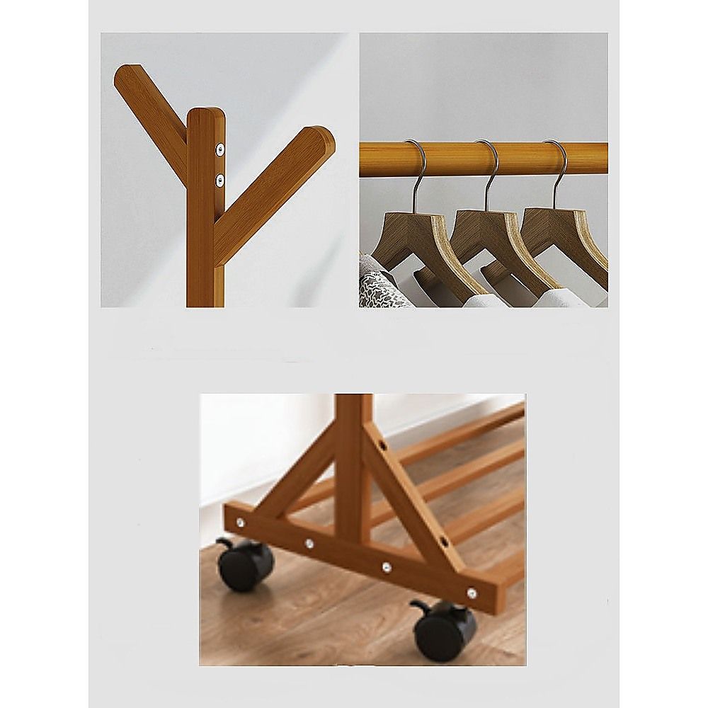 Bamboo clothes rack corner joint detail with caster wheels and hanging bar
