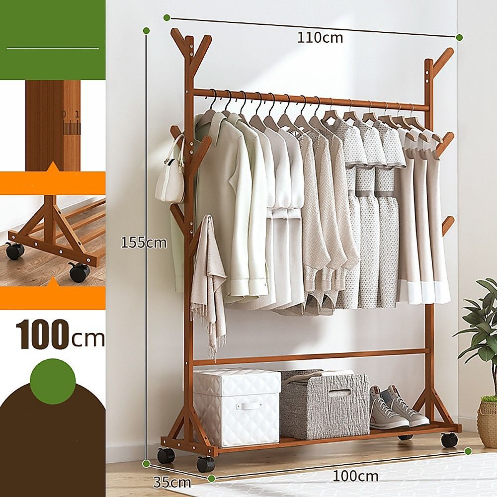 Bamboo portable clothes rack with hanging bar and two-tier storage shelf