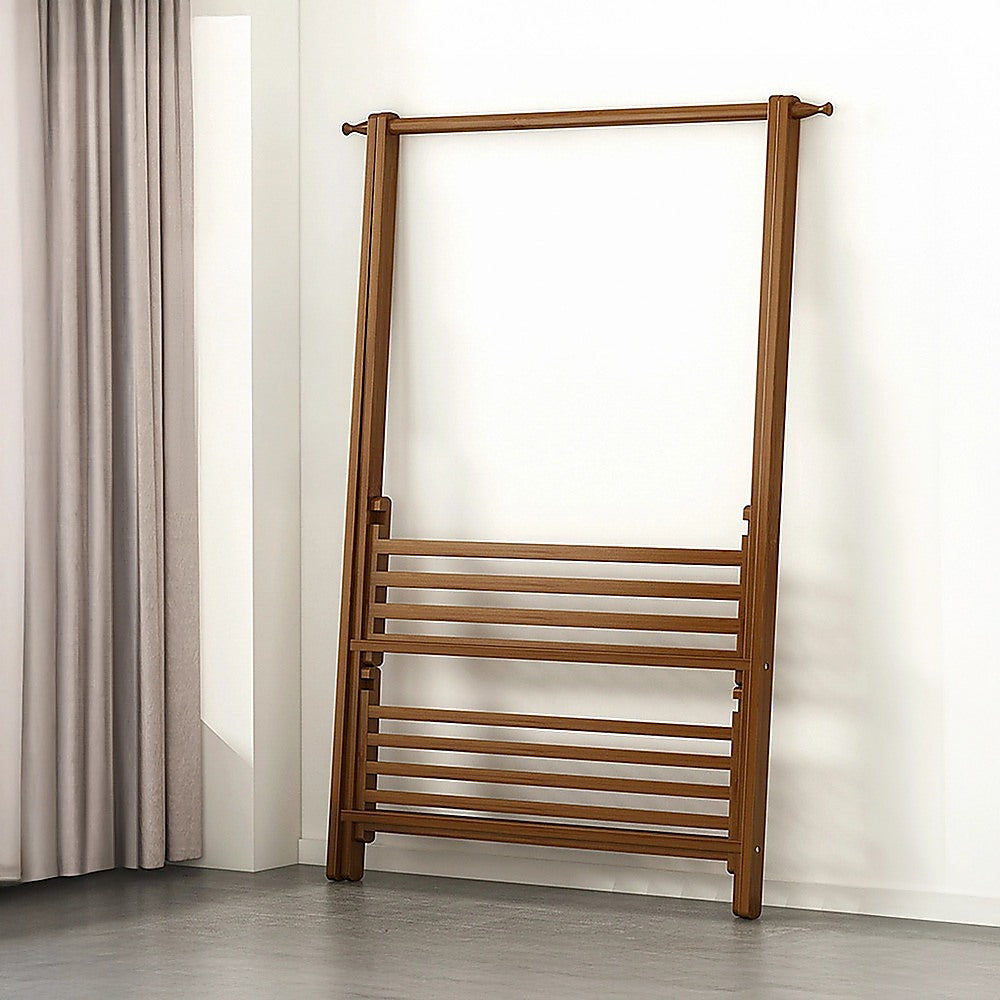 Portable Clothes Rack Coat Garment Stand Bamboo Rail Hanger Airer Closet