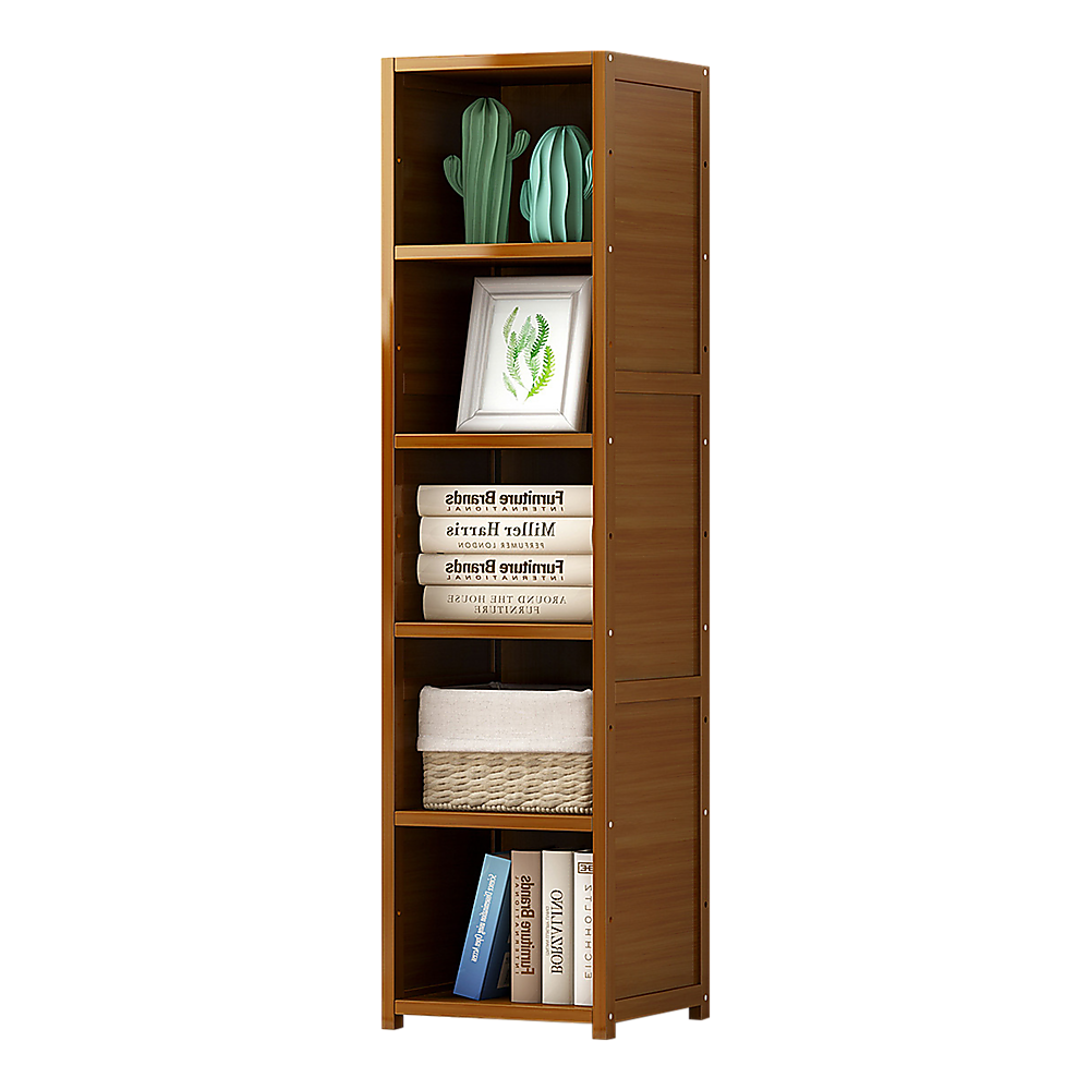 Tall bamboo bookcase, dark brown, 5 open shelves and side door