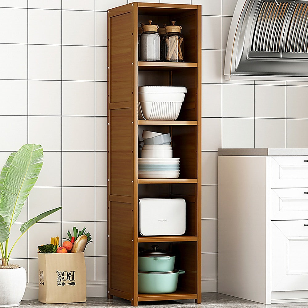 Tall bamboo bookcase, dark brown, open shelves with jars and stacked storage bins