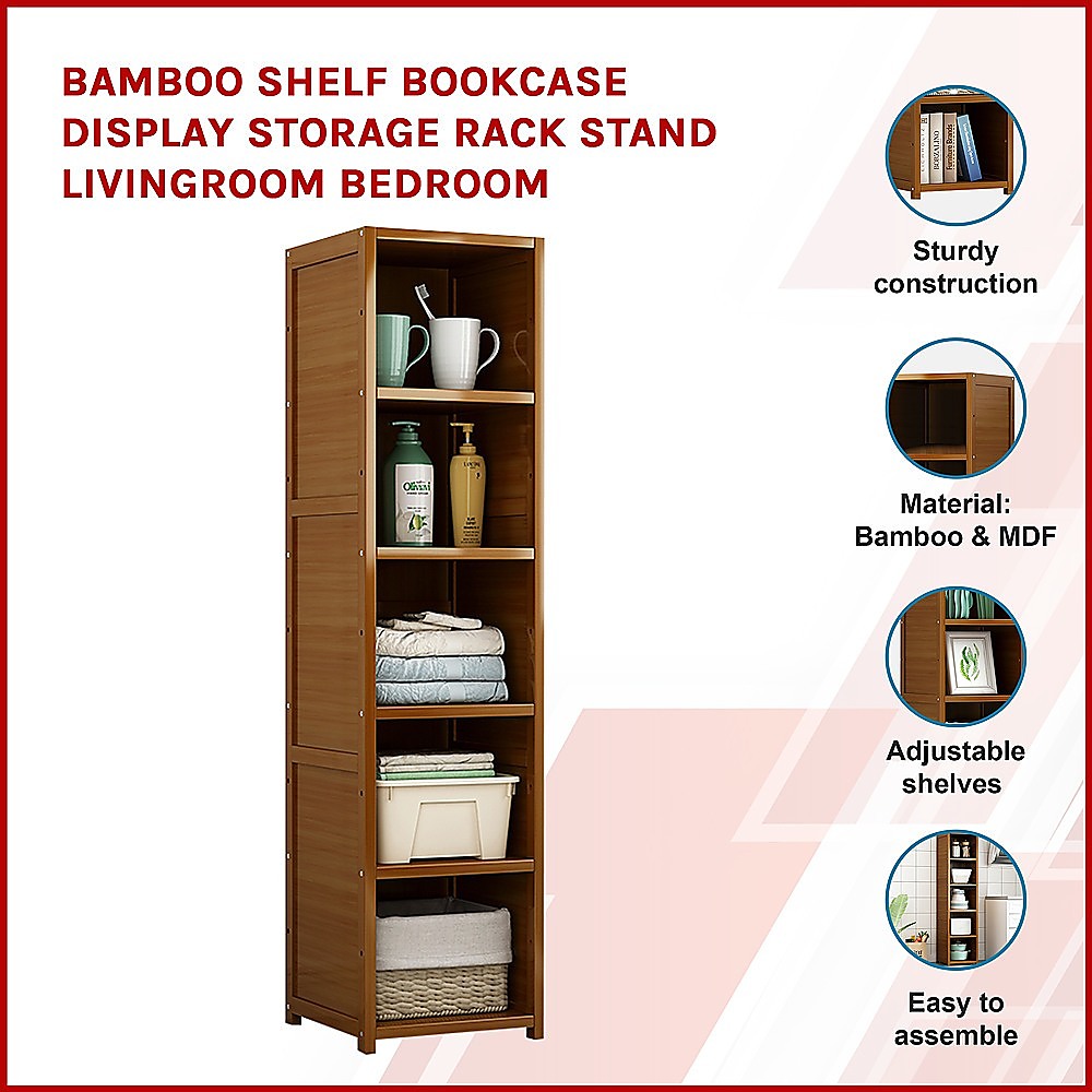 Tall bamboo shelf bookcase, dark brown, open compartments with adjustable shelves