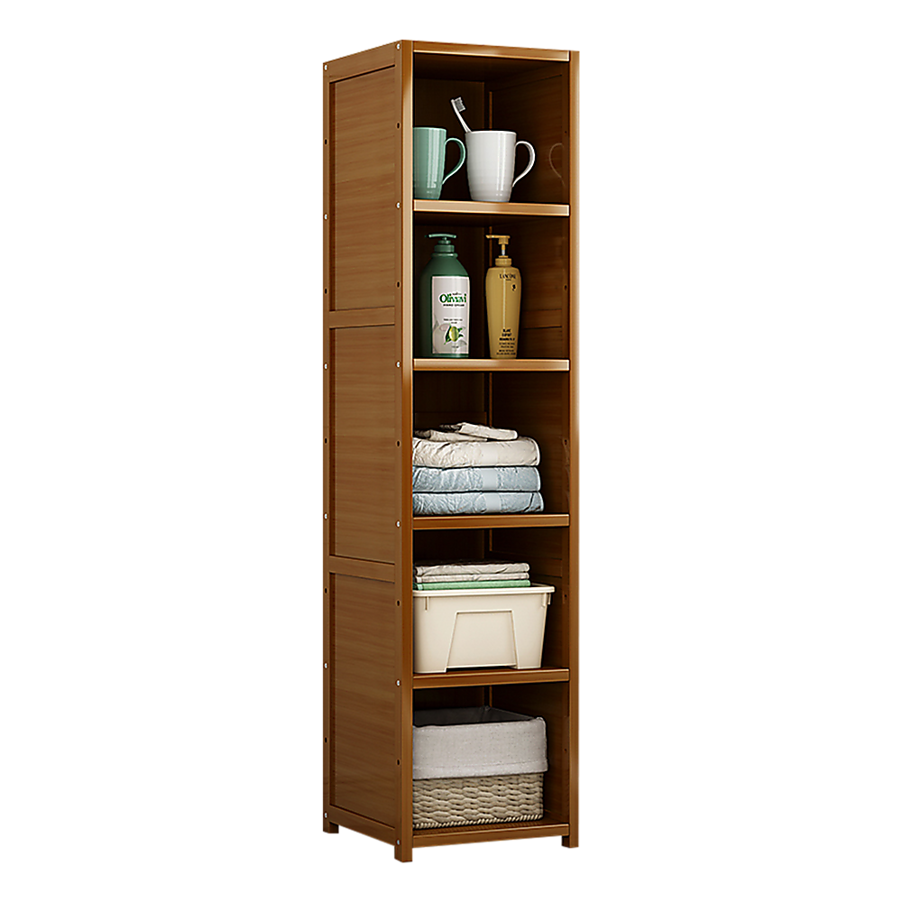 Tall bamboo bookcase, dark brown, open shelves with books and decor behind door