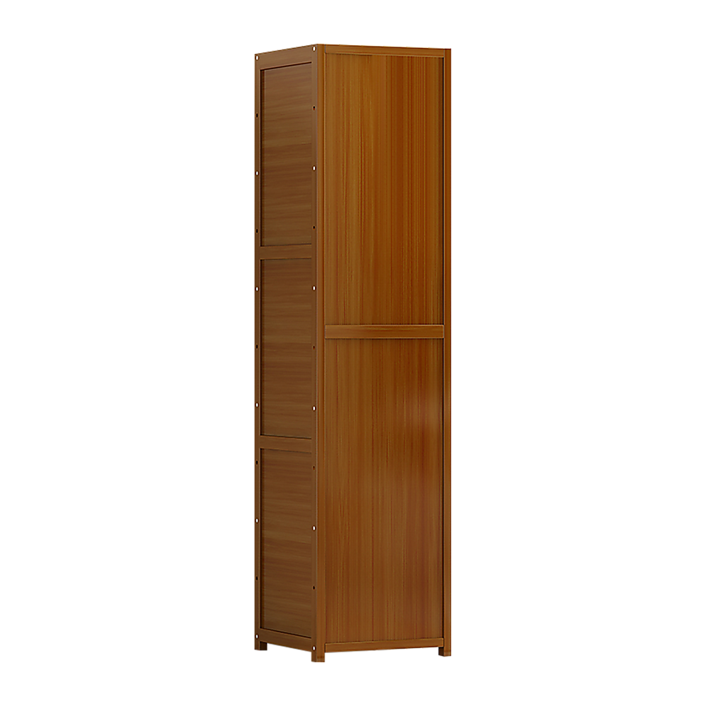 Tall bamboo bookcase, dark brown side view with front door and panel details