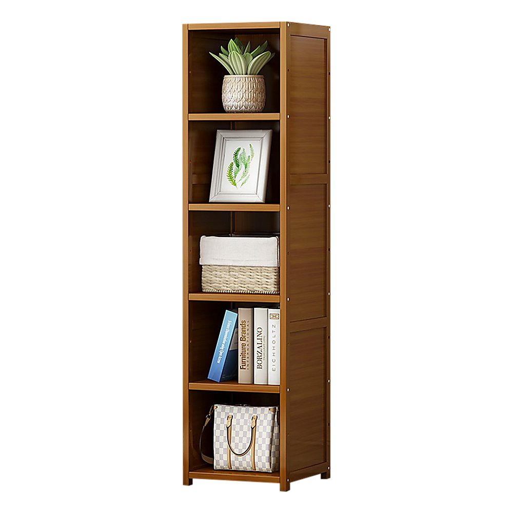 Tall bamboo bookcase, dark brown, 5 open shelves with plant decor and folded items