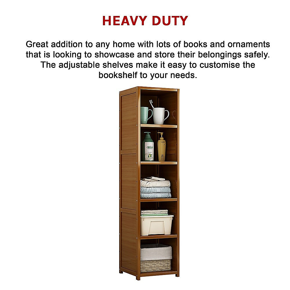 Tall bamboo bookcase with dark brown open shelves and hinged side door